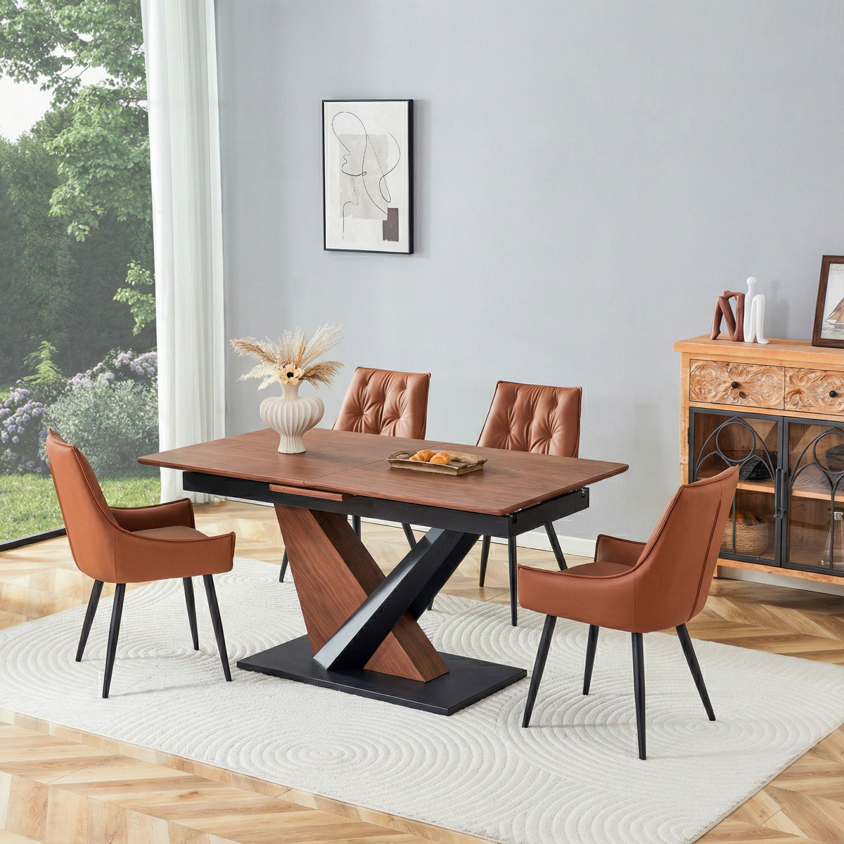 Dark Walnut Dining Table with Cross Geometric Legs - Scratch Resistant