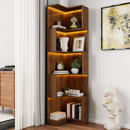 5 Tier Corner Book Shelf with Durable Melamine Finish - Neutral Wood