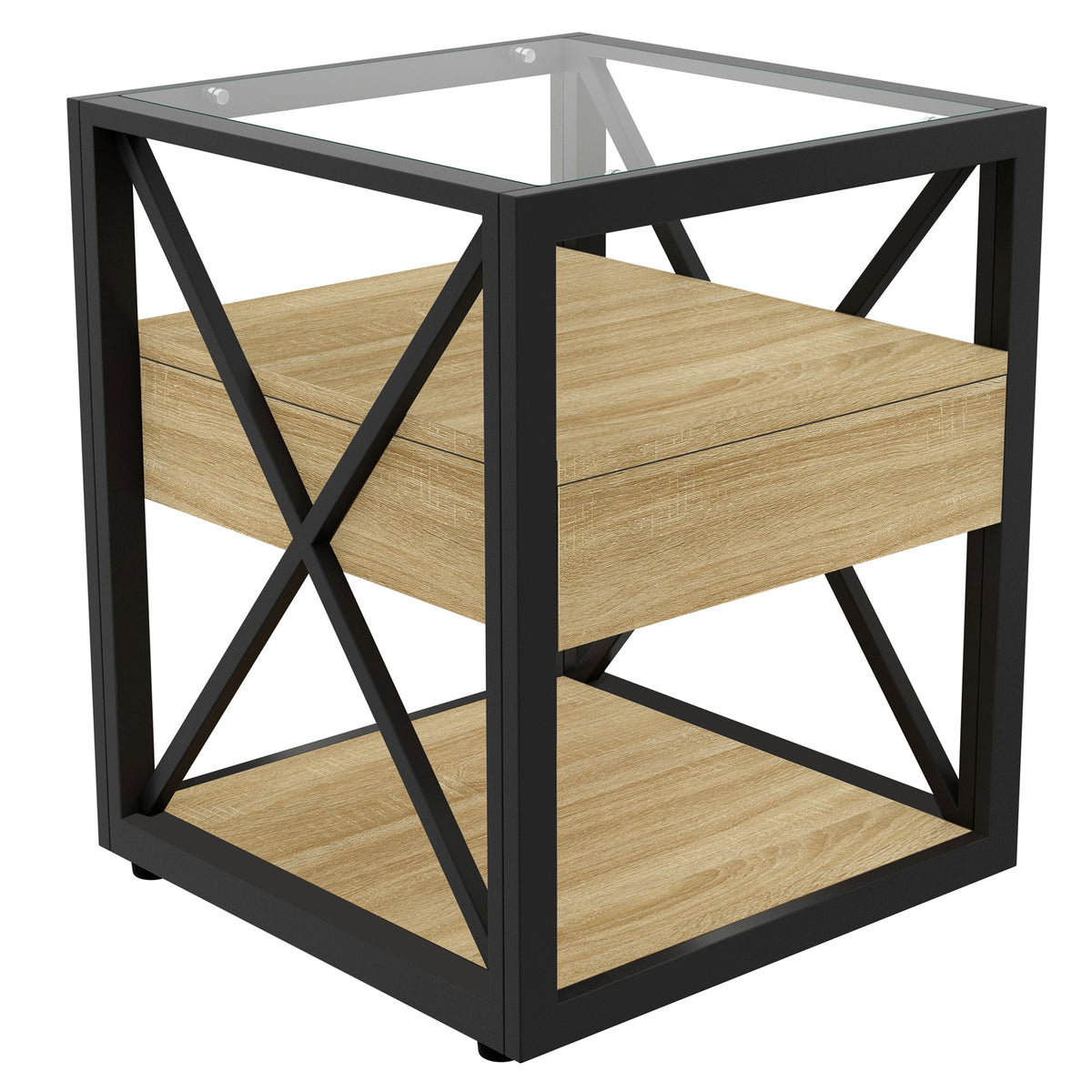 Modern End Table with Drawer - Natural Wood & Tempered Glass