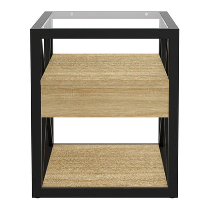 Modern End Table with Drawer - Natural Wood & Tempered Glass