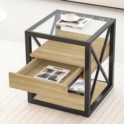 Modern End Table with Drawer - Natural Wood & Tempered Glass