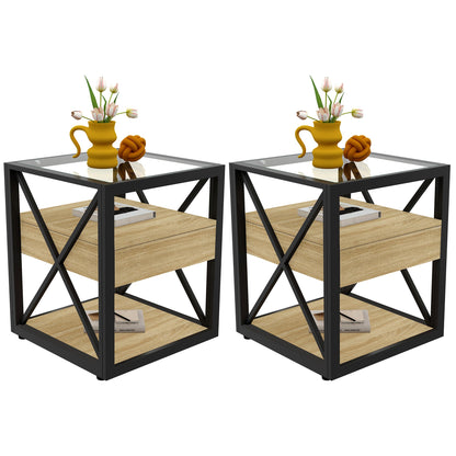Modern End Tables with Drawer - Set of 2 Nightstands with Tempered Glass Top