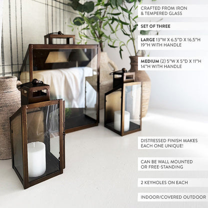 Rustic Bronze Tempered Glass Lanterns, Set of Three