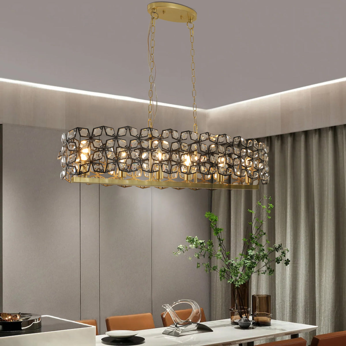 39" Contemporary Crystal Pendant Chandelier with K9 Crystal - Black & Gold