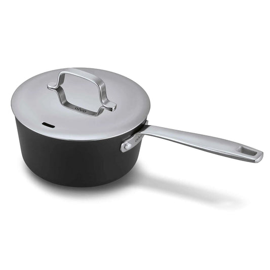 2-quart ceramic nonstick saucepan with stainless steel lid on a kitchen stovetop