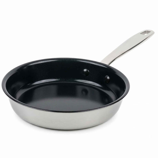 5-ply stainless steel frying pan with ceramic nonstick cooking surface and stainless steel handle