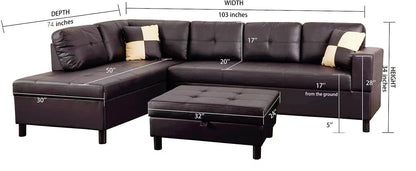 Brown Faux Leather Sectional Sofa Set with Left-Facing Chaise - Brown