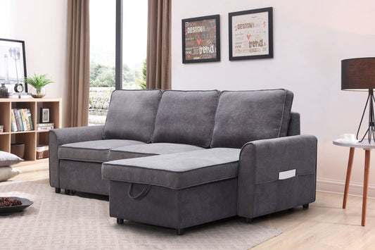 Modern Modular L-Shaped Sofa Bed with Chaise - Dark Grey Linen