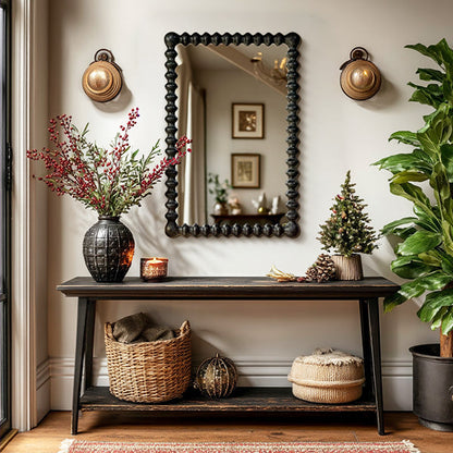 Black Beaded Carved Wood Wall Mirror