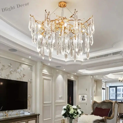 Modern Crystal Chandeliers - Luxury Living and Dining Room Lighting with Bar Design, Featuring Branch Pendant Lights and Crystal Water Drop Accents