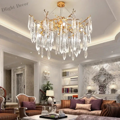 Modern Crystal Chandeliers - Luxury Living and Dining Room Lighting with Bar Design, Featuring Branch Pendant Lights and Crystal Water Drop Accents