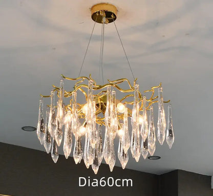 Modern Crystal Chandeliers - Luxury Living and Dining Room Lighting with Bar Design, Featuring Branch Pendant Lights and Crystal Water Drop Accents
