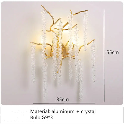 Modern Crystal G9 LED Wall Lights - Cherry Blossoms and Branches Sconce in Gold Aluminum, Designer Art Deco for Parlors, Bedrooms, and Dining Areas