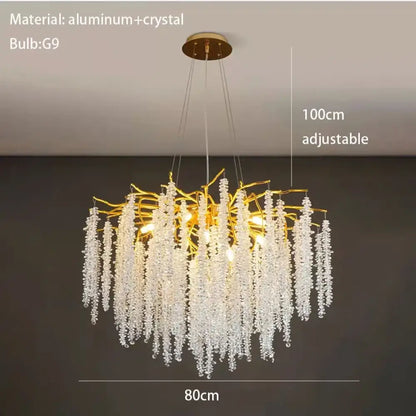Modern Crystal G9 LED Wall Lights - Cherry Blossoms and Branches Sconce in Gold Aluminum, Designer Art Deco for Parlors, Bedrooms, and Dining Areas