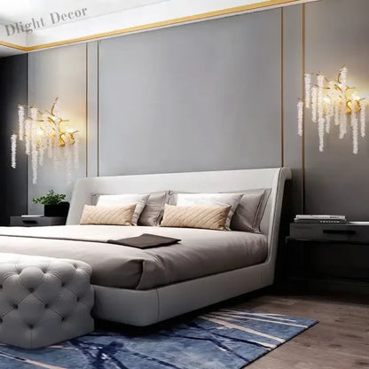 Modern Crystal G9 LED Wall Lights - Cherry Blossoms and Branches Sconce in Gold Aluminum, Designer Art Deco for Parlors, Bedrooms, and Dining Areas