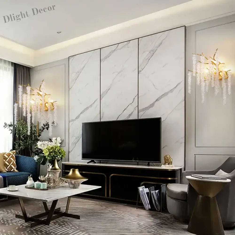 Modern Crystal G9 LED Wall Lights - Cherry Blossoms and Branches Sconce in Gold Aluminum, Designer Art Deco for Parlors, Bedrooms, and Dining Areas