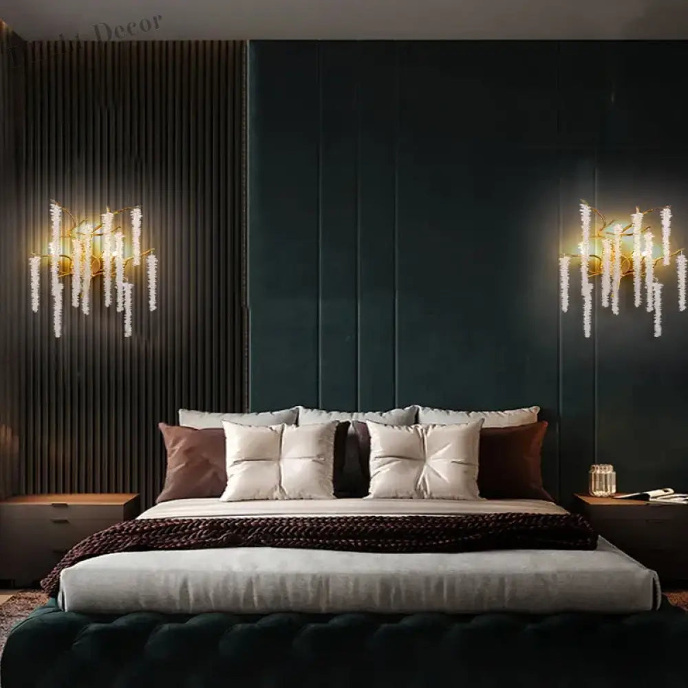 Modern Crystal G9 LED Wall Lights - Cherry Blossoms and Branches Sconce in Gold Aluminum, Designer Art Deco for Parlors, Bedrooms, and Dining Areas