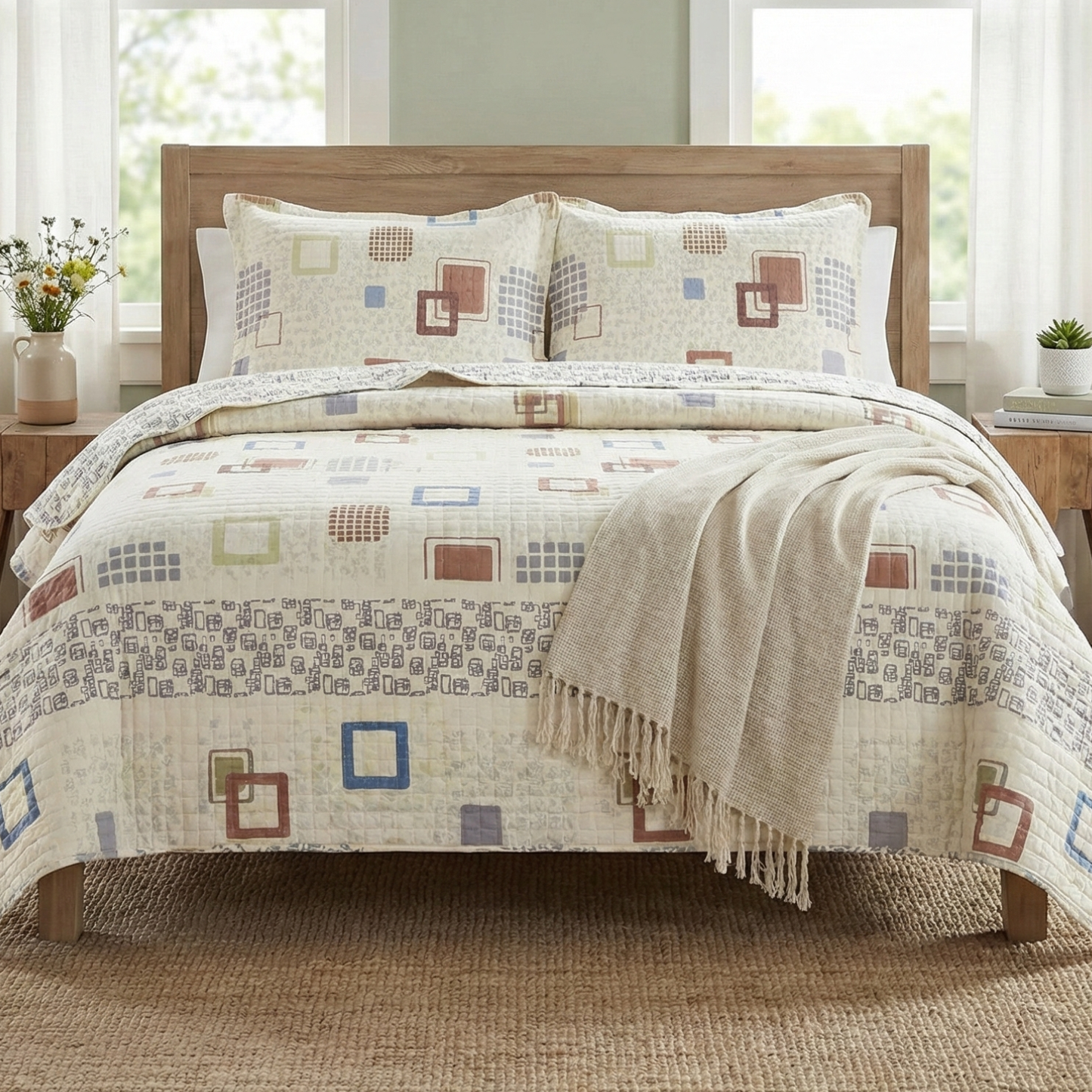 Tache Geometric Cubic Squares Ivory Scalloped Retro Cotton Quilt Bedspread Set (DSW009)