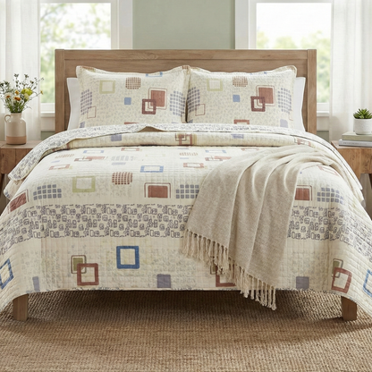 Tache Geometric Cubic Squares Ivory Scalloped Retro Cotton Quilt Bedspread Set (DSW009)