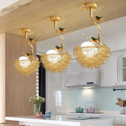 Modern LED Gold Bird's Nest Chandeliers - Illuminate Your Living, Dining, and Kitchen Spaces with Unique Elegance