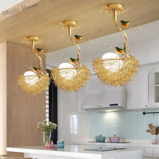 Modern LED Gold Bird's Nest Chandeliers - Illuminate Your Living, Dining, and Kitchen Spaces with Unique Elegance