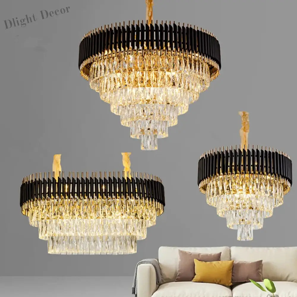 Modern LED Luxury Black Gold Crystal Chandeliers - Elegant Indoor Lighting Fixture for Living and Dining Rooms