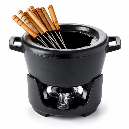 Enameled cast iron fondue pot on a stand with burner and eight fondue forks on a dining table