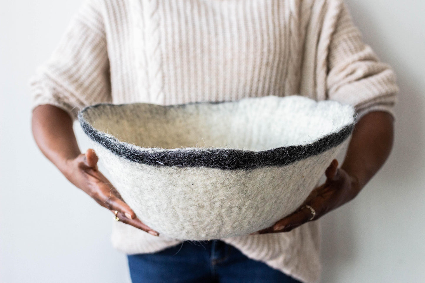Orbit Hand-Felted Wool Natural White and Black Bowl