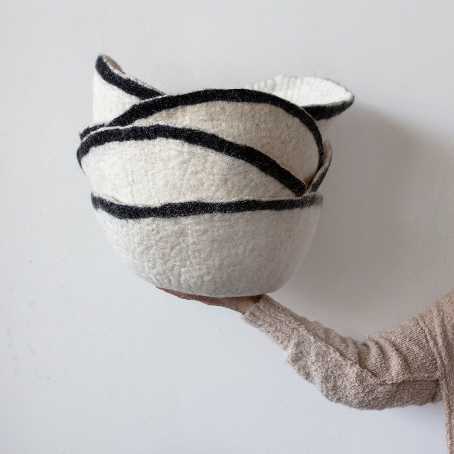 Orbit Hand-Felted Wool Natural White and Black Bowl