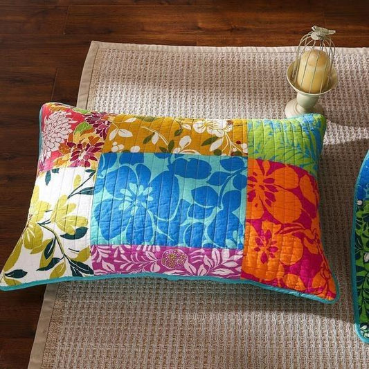 Cotton Patchwork Pillow Sham with Tropical Floral Print