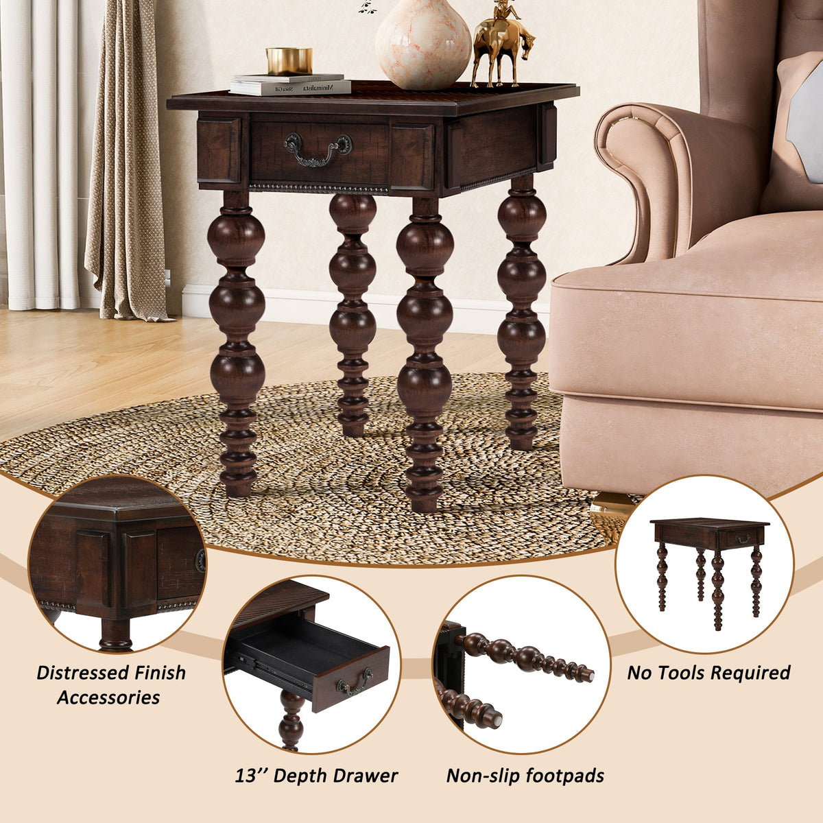 Solid Wood End Table with Drawer in Espresso Finish