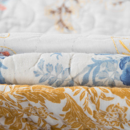 Tache Coastal Cottage Embroidered White Blue Yellow Floral Cotton Patchwork Quilt Set (JHW-668)