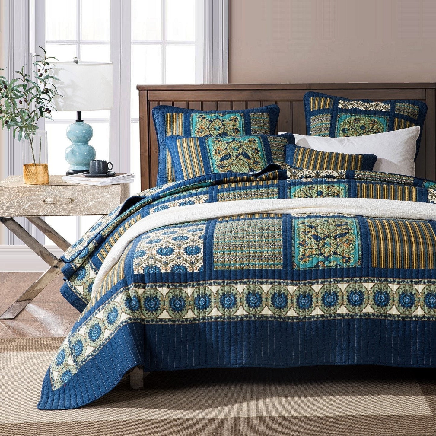Tache 2-3 Piece Elegant Striped Forest Patchwork Quilt Vibrant Multi Color (JHW-679)