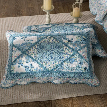 Tache Petal Dance White Blue Floral Vintage Garden Scalloped Cotton Patchwork Quilt Set (JHW-646)