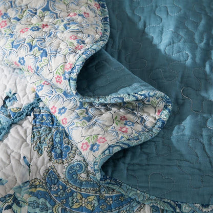 Tache Petal Dance White Blue Floral Vintage Garden Scalloped Cotton Patchwork Quilt Set (JHW-646)