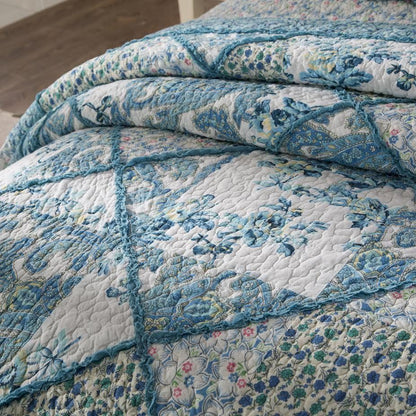 Tache Petal Dance White Blue Floral Vintage Garden Scalloped Cotton Patchwork Quilt Set (JHW-646)
