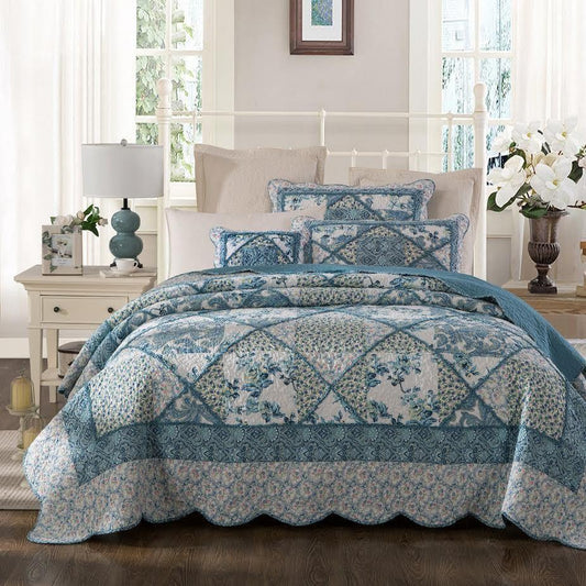 Tache Petal Dance White Blue Floral Vintage Garden Scalloped Cotton Patchwork Quilt Set (JHW-646)