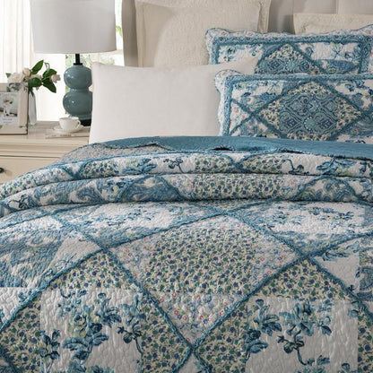 Tache Petal Dance White Blue Floral Vintage Garden Scalloped Cotton Patchwork Quilt Set (JHW-646)