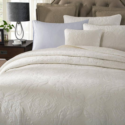 Tache Vanilla Cream Ivory Paisley Damask Stitch Matelassé Cotton Quilt Set (JHW-643)