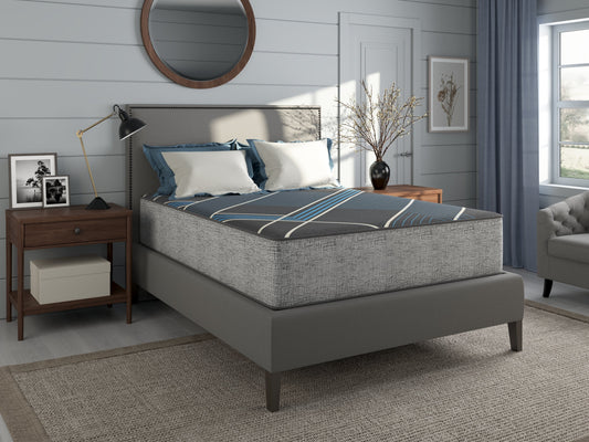 13-inch grey and blue plush gel memory foam twin mattress in a kids' bedroom