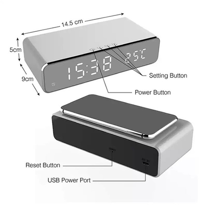 LED Alarm Clock with Wireless Charger and USB Port