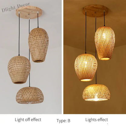 Set of 3 Modern Hand-Knitted Bamboo Rattan Pendant Lights - Weaving Elegance for Your Home