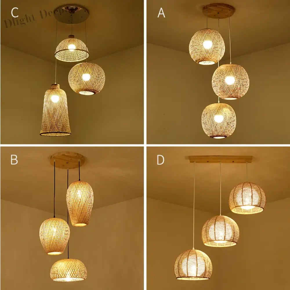 Set of 3 Modern Hand-Knitted Bamboo Rattan Pendant Lights - Weaving Elegance for Your Home