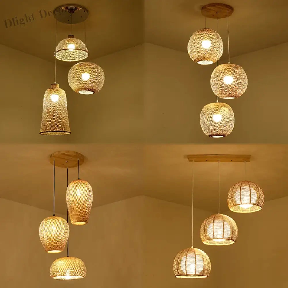 Set of 3 Modern Hand-Knitted Bamboo Rattan Pendant Lights - Weaving Elegance for Your Home