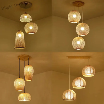 Set of 3 Modern Hand-Knitted Bamboo Rattan Pendant Lights - Weaving Elegance for Your Home