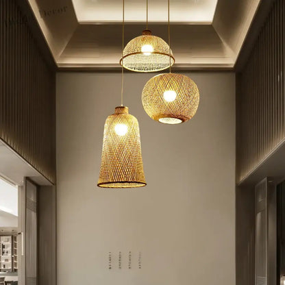 Set of 3 Modern Hand-Knitted Bamboo Rattan Pendant Lights - Weaving Elegance for Your Home