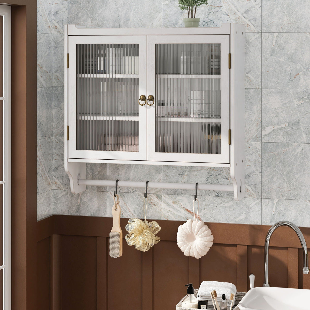 Vintage Double Door Medicine Cabinet with Towel Rack - White Washed