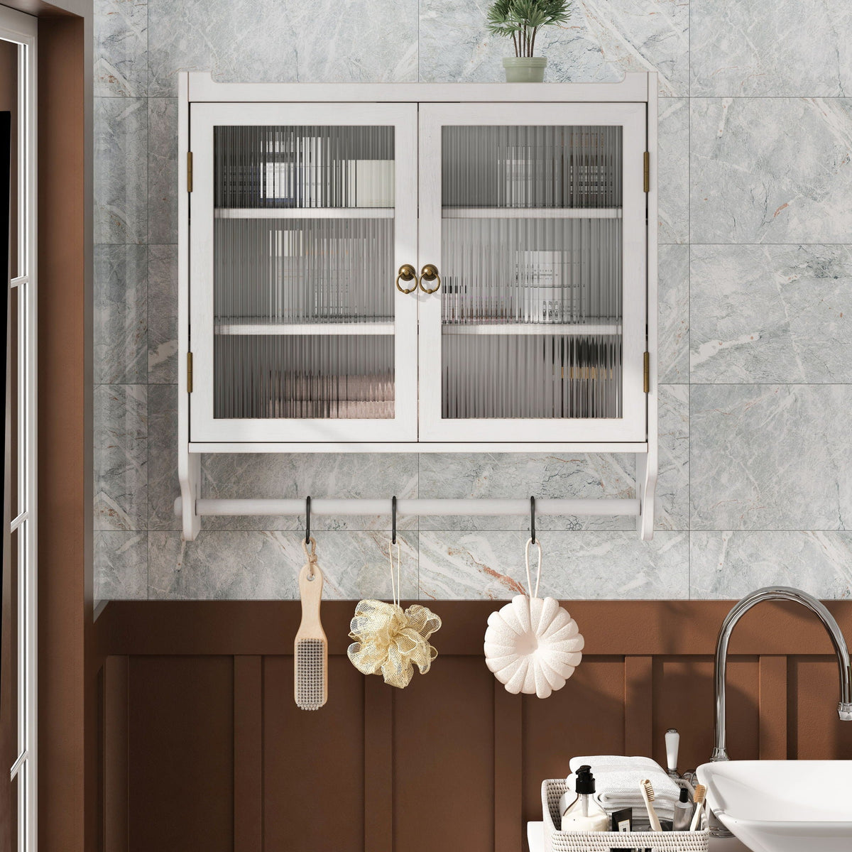Vintage Double Door Medicine Cabinet with Towel Rack - White Washed