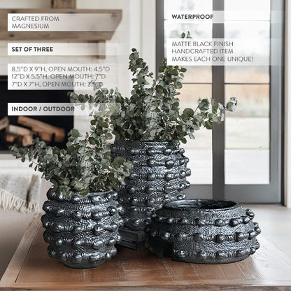 Handcrafted Textured Outdoor Matte Black Planters, Set of 3