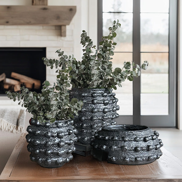 Handcrafted Textured Outdoor Matte Black Planters, Set of 3